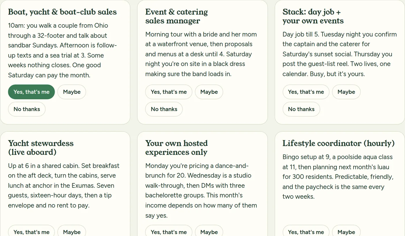 The Gut check tab: cards describing a normal Tuesday in each job, with Yes that's me, Maybe and No thanks buttons