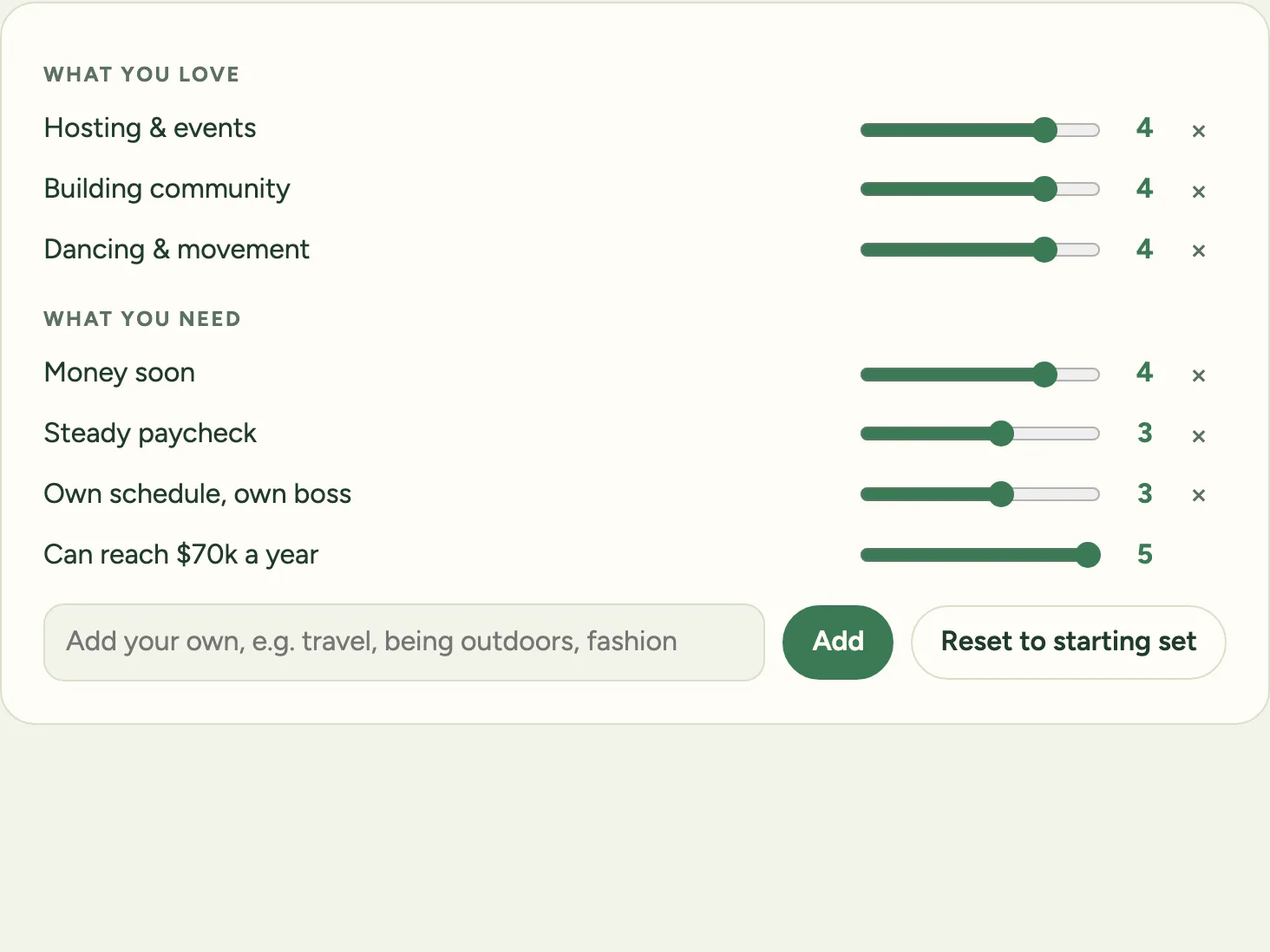 The Interests tab: a dial from 0 to 5 for each thing you love and each thing you need, with a field to add your own