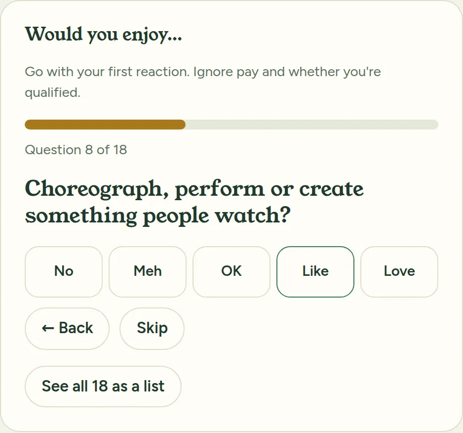The work-style quiz showing one question at a time with five answer buttons and a progress bar