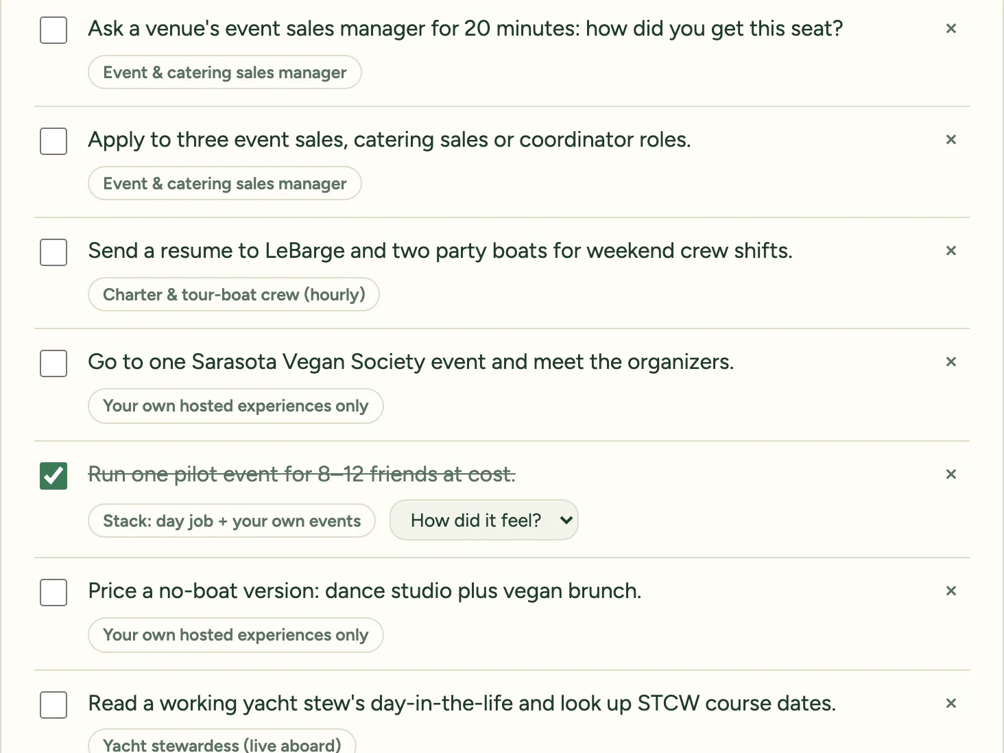 The Try it tab: small real-world experiments, each tied to a path, one checked off with a How did it feel menu